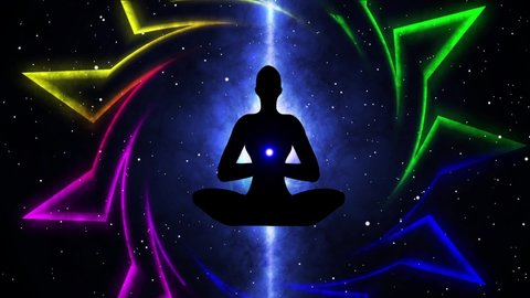 Silhouette meditation. The power of meditation. Chakra blast energy. The power of awareness and self-awareness.