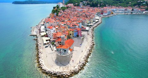 Piran city flight aerial view from the sea in Slovenia in Europe in HDR