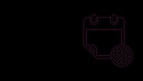 Glowing neon line Basketball on sport calendar icon isolated on black background. 4K Video motion graphic animation.