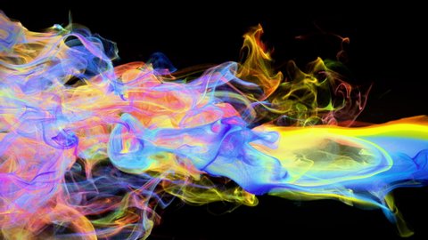 Iridescent rainbow multicolored colorful paint ink drops in water slow motion art background. Inky cloud swirling flowing underwater. Abstract smoke fluid liquid animation isolated on black background