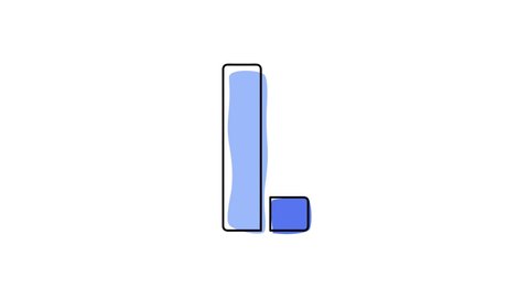 Letter L. 4K video. Blue font animated isolated on clear white background. Contrasting symbol, moving mobile form, black outline. Capital Letter L for software, user interface, mobile app, game.