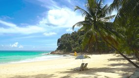 Phuket Thailand beach sea. Landscape view of beach sea and sand in summer sun. Beach space area background. At Patong beach, Phuket, Thailand. On 16 October 2020. 4K UHD Video clip 3840x2160P 25FPS
