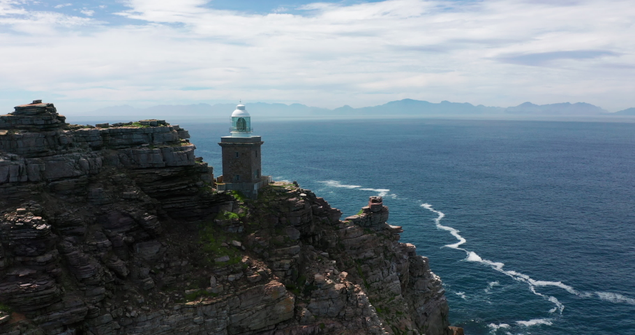 Aerial view of Cape of Good Hope and the old lighthouse at Cape Point in Cape Peninsula, Cape Town, South Africa.