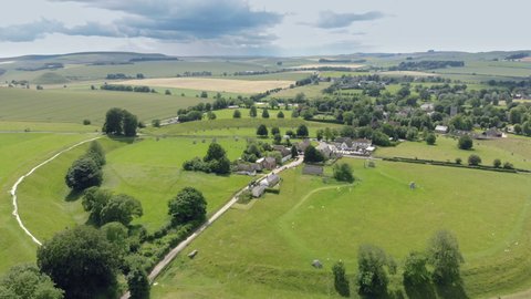 Aerial drone shot of village of Avebury, Wiltshire, UK