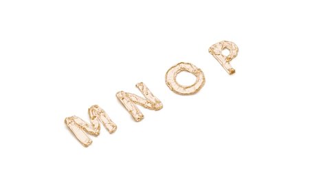 Balloon M N O P letters, looped inflation and deflation, 3d rendering. Uppercase balone lettering for birthday celebration. Golden mylar typeface for decorative text template.