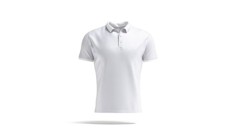 Blank white man T-shirt mockup, looped rotation, 3d rendering. Empty classic poloshirt with collar and buttons mock up, isolated. Clear rotating jersey uniform template.
