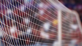 Soccer Ball Flying into Goal Net in Slow Motion Beautiful Football 3d Animation. Goal Kick Moment in Freeze Video Abstract Match at Stadium Tribunes. Sport Games Concept 4k Ultra HD 3840x2160.