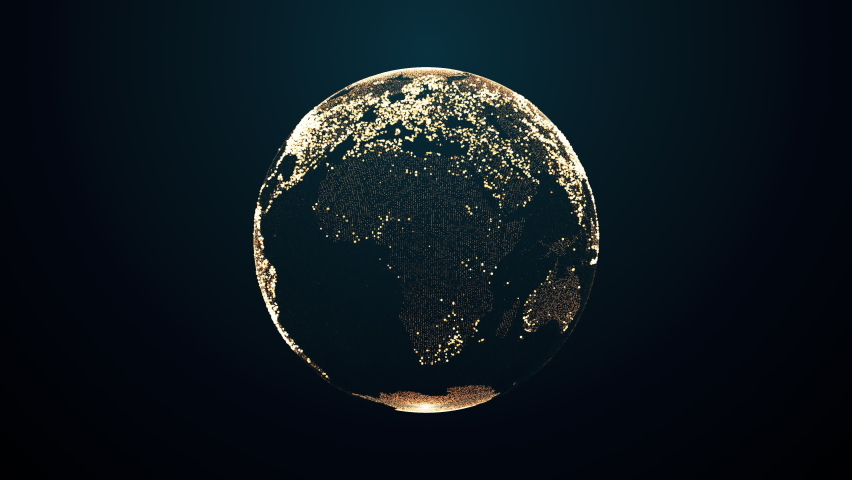 Animation of spinning golden globe of the Earth planet from particulars on dark background, 4K seamless loop earth globe animation