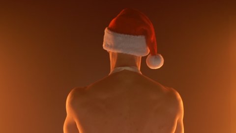 Seductive muscular shirtless guy in apron and Santa hat going forward, turning to camera and beckoning with finger, Christmas Holiday food show from handsome man slow motion. hot sexy guy inviting you