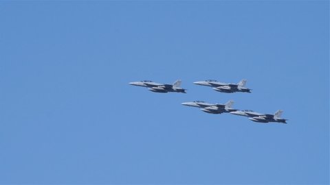 CANBERRA, AUSTRALIA - MARCH, 31, 2021: wide slow motion clip of a flight of RAAF F-A-18F Super Hornet and EA-18G Growler aircraft during the raaf centenary flypast