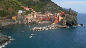 Aerial 4K footage of Vernazza, Cinque Terre in Italy.