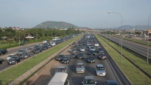 4th may 2021, Lagos Nigeria: Traffic jam or automobile collapse and cars drive on the high-speed road in federal  capital territory Abuja Road Nigeria Africa 