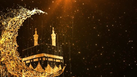 Sparkling golden glitter magically creating moon and mosque,kaba. Royal abstract eid mubarak background with falling glitter, moon and kaba. Shimmer background