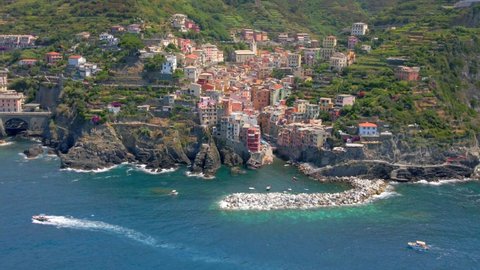 Aerial 4K footage of Riomaggiore, Cinque Terre in Italy.