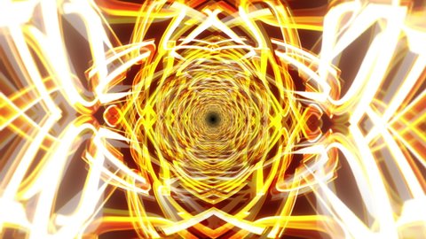 Abstract Golden Hypnotic Psychedelic Tunnel Loop Animation Background. 4K 3D seamless loop Gold digital futuristic tunnel. For DJ VJ Loop Music festival stage visual, title, intro, transition, BG.