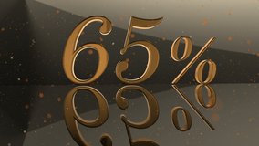 Gold numbers 65% on a mirror surface surrounded by flying round small particles 4k video computer render
