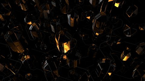 Abstract seamless 3D technological background.Looping rotating animation.Crystals Sci Fi technological elements.HUD 2D graphic.