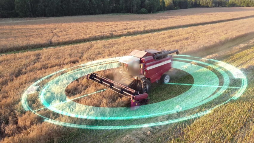 Animation of self driving, autonomous farm agricultural combine harvester working in field. Harvesting vehicle future concept with HUD elements. Aerial view. Royalty-Free Stock Footage #1075868330