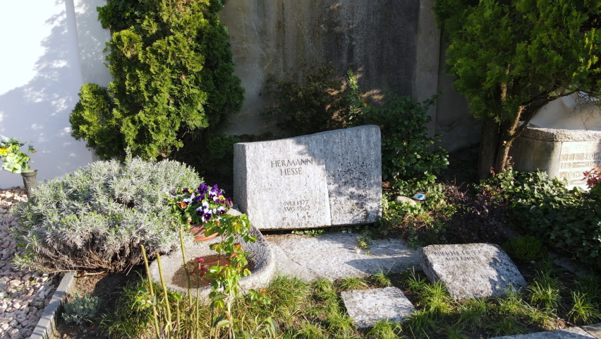 Gentilino, Switzerland - 23 May 2021: tomb of writer Hermann Hesse at Gentilino over Lugano on Switzerland
