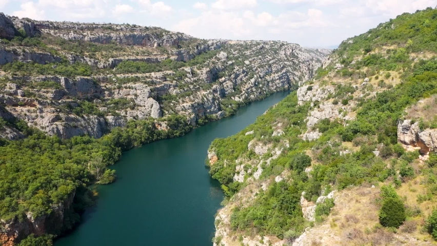 Aerial view of the Krka River and a canyon in Krka National Park, Croatia. Aerial view.sunny summer day in Europe.