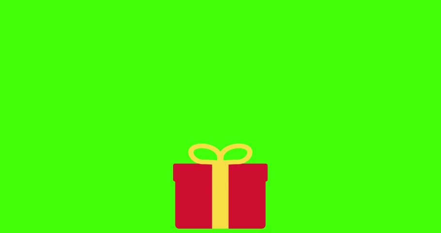 Gift box opens cover with flying falling confetti surprise animated video on green background screen. 