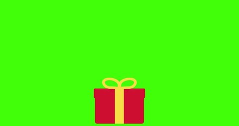 gift box opens cover with flying falling confetti surprise animated video on green background screen. 