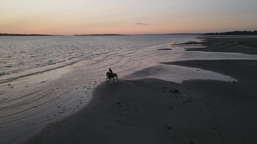 Aerial view of person riding a horse on the beach at sunset on the Swedish west coast. 4K drone footage. Slow motion x 2.