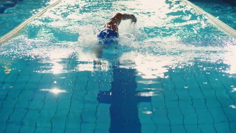 Successful Male Swimmer Racing, Swimming in Swimming Pool. Professional Athlete Determined to Win Championship using Freestyle. Colorful Cinematic Shot. Back View Tracking Slow Motion