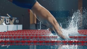 Swim Race: Two Professional Swimmers Diving in Swimming Pool. Athletes Compete, Gracefully Jump, Each Determined to Win Championship. Slow Motion with Stylish Colors, Artistic Aerial - Powered by Shutterstock - Get 15% off with code: PIKWIZARD15