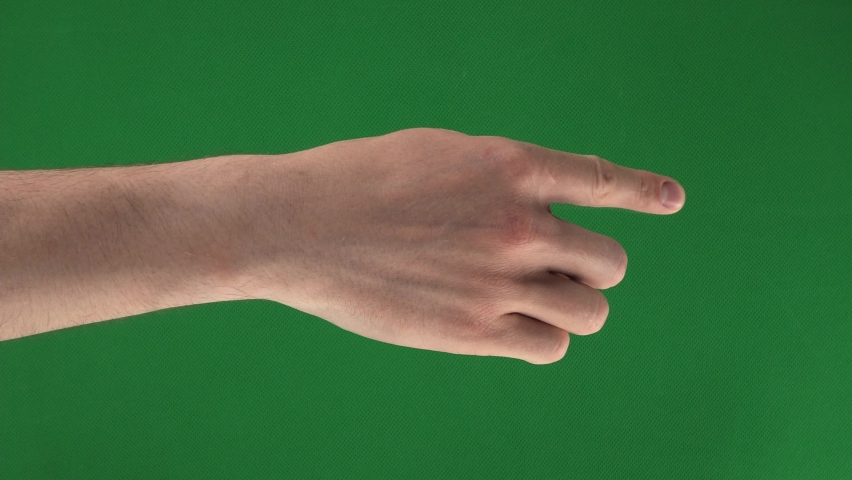 Set of gestures for controlling touch screen with male hand on green screen. Beautiful men fingers with well-groomed manicure is ready for chroma keying. Package of arms for controlling touchpad.