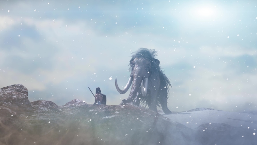 an ancient primitive caveman hunts a mammoth 3d render