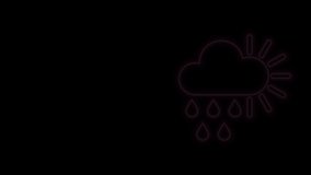 Glowing neon line Cloudy with rain and sun icon isolated on black background. Rain cloud precipitation with rain drops. 4K Video motion graphic animation.
