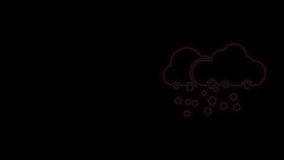 Glowing neon line Cloud with snow icon isolated on black background. Cloud with snowflakes. Single weather icon. Snowing sign. 4K Video motion graphic animation.