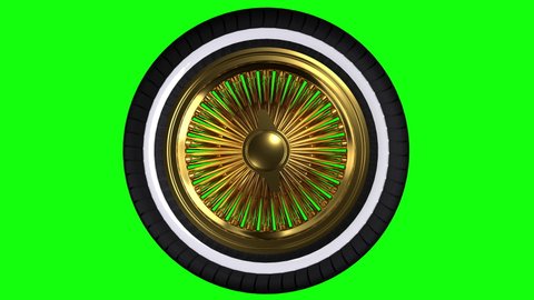 Looping Triple Gold 3D Wire Wheel With Tire Over Green Screen Background