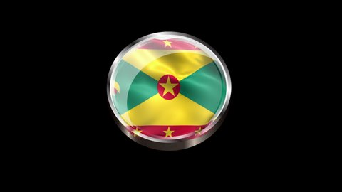 Steel Badge with the Flag of Grenada on Transparent Background. Grenada Flag Glass Button Concept Style with Circular Metal Frame. 4K Ultra HD, Loop Motion Graphic Animation.