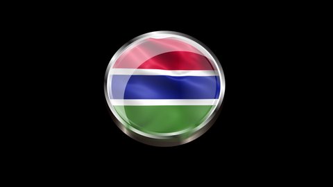 Steel Badge with the Flag of the Gambia on Transparent Background. The Gambia Flag Glass Button Concept Style with Circular Metal Frame. 4K Ultra HD, Loop Motion Graphic Animation.
