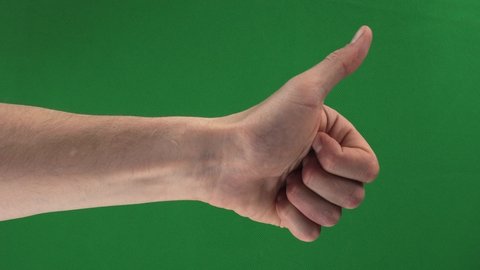Collection of male hand positive and negative gestures on green screen. Beautiful man fingers with well-groomed manicure ready for chroma keying. Set of arms shows dumb signs of success and harassment