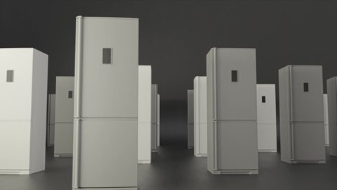 Abstract rows of fridges, monochrome. Animation. Concept of kitchen equipment and interior design, white refrigerators isolated on grey background.