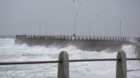 Stormy, rainy, grey day with Seabirds and Gulls gliding in high winds over the rough, angry sea by a coastal promenade.