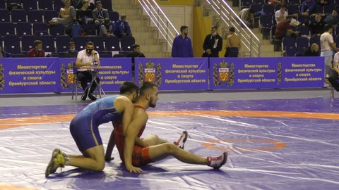 Orenburg, Russia - 16-17 October 2020: Young men compete in the sports wrestling at the All-Russia Sports Wrestling Tournament for the prizes of the Governor of Orenburg Region