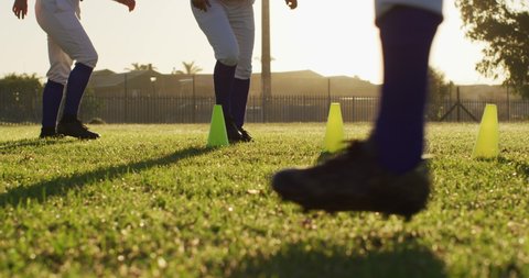 Diverse group of female baseball players exercising on sunny pitch, running between cones. female baseball team, sports training and game tactics.