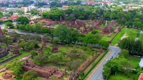 Aerial view of Ayutthaya temple, Wat Ratchaburana, empty during covid, in Phra Nakhon Si Ayutthaya, Historic City in Thailand
