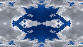 Creative 4k time lapse video of moving clouds with reflection and mirror effect as in a kaleidoscope with an appearing sign of an infinity symbol. Mirrored pattern of moving clouds with infinity sign.