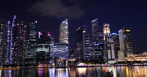 SINGAPORE, SG, MAY 04, 2021: Evening view of Raffles Place from Marina Bay Singapore