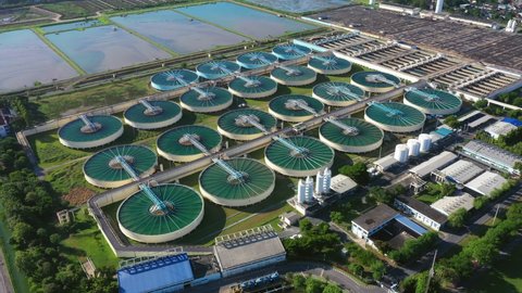 Aerial Top View of Drinking-Water Treatment. Microbiology of drinking water production and distribution, water treatment plant, planing, roof plan