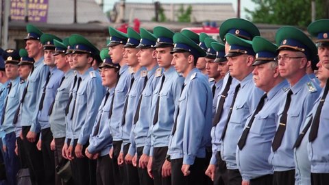 Chelyabinsk , Russia - 06 22 2019: Brave Russian Policemen In Their Duty Uniform At Chelyabinsk In Russia