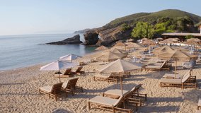 4k drone forward video (Ultra High Definition) of Kama beach in Kalamos village. Attractive morning scene of Euboea island, Greece, Europe. Romantic summer seascape of Aegean sea.