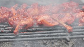 Traditional grilled chicken skewers, smoke makes cancer