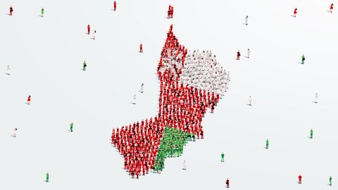Oman Map and Flag. A large group of people in the Omani flag color form create the map. 4K Video Animation.