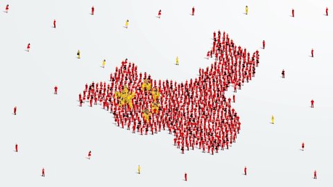 China Map and Flag. A large group of people in the Chinese flag color form create the map. 4K Video Animation.